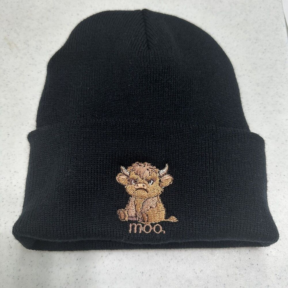 Highland Cow Beanie Embroidered Stocking Hat Grumpy Cow Black Unisex NEW
